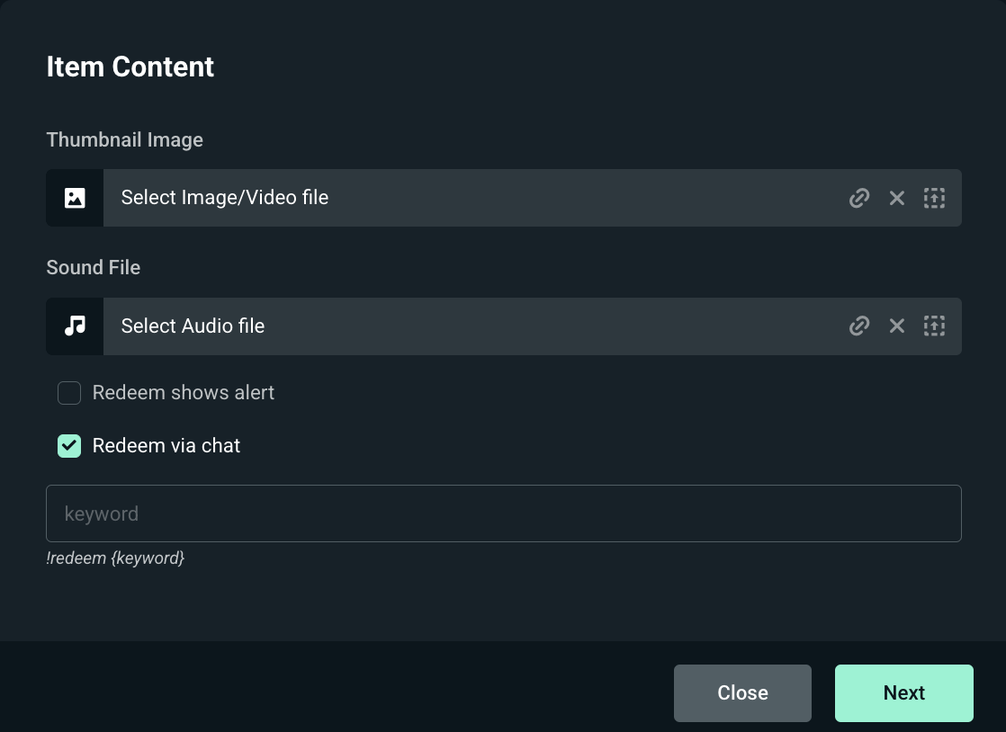 Customization window for loyalty store to add a thumbnail image, sound file, and keyword